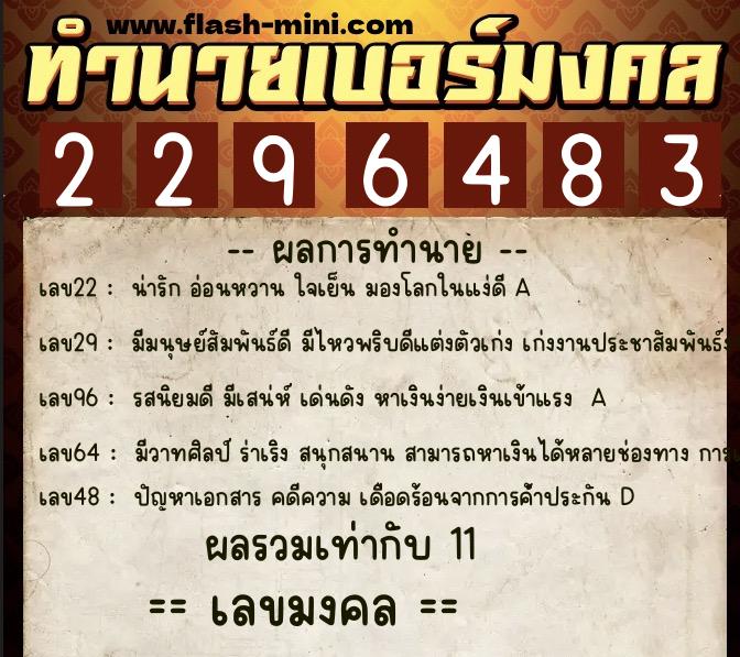 ทำนายเบอร์มงคล 0XX-2296483  ทำนายเบอร์มงคล หมายเลข 067-229648 