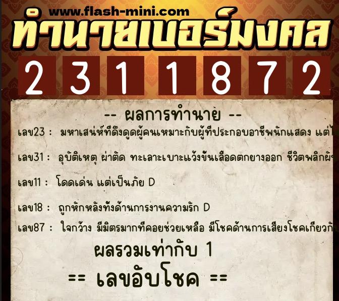 ทำนายเบอร์มงคล 0XX-2311872  ทำนายเบอร์มงคล หมายเลข 084-231187 