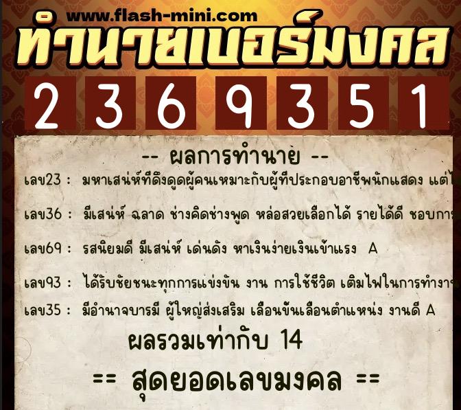 ทำนายเบอร์มงคล 0XX-2369351  ทำนายเบอร์มงคล หมายเลข 096-236935 