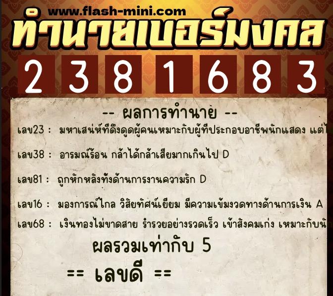 ทำนายเบอร์มงคล 0XX-2381683  ทำนายเบอร์มงคล หมายเลข 098-238168 