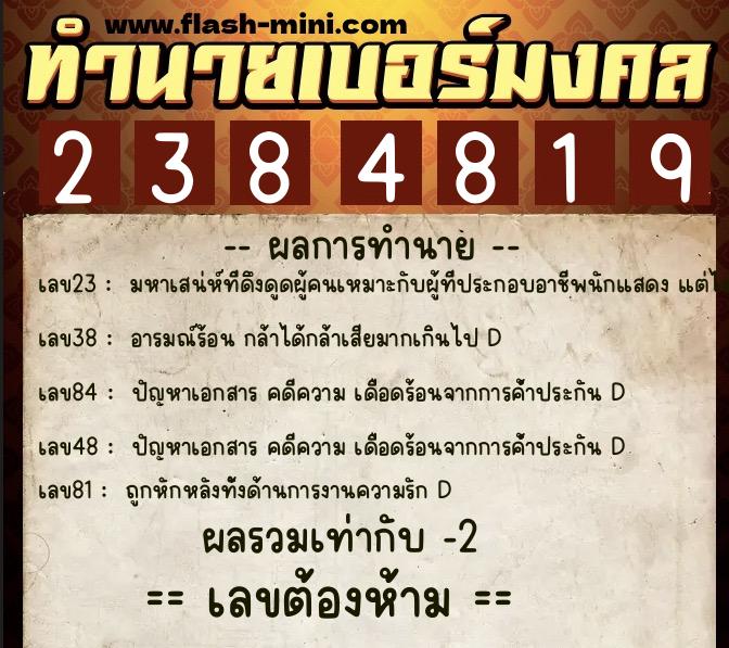 ทำนายเบอร์มงคล 0XX-2384819  ทำนายเบอร์มงคล หมายเลข 095-238481 