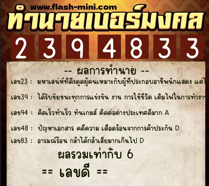 ทำนายเบอร์มงคล 0XX-2394833  ทำนายเบอร์มงคล หมายเลข 088-239483 