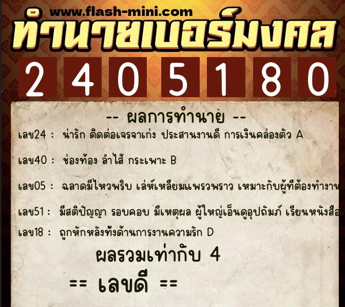 ทำนายเบอร์มงคล 0XX-2405180  ทำนายเบอร์มงคล หมายเลข 063-240518 