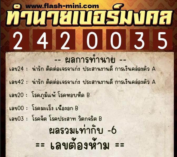 ทำนายเบอร์มงคล 0XX-2420035  ทำนายเบอร์มงคล หมายเลข 061-242003 