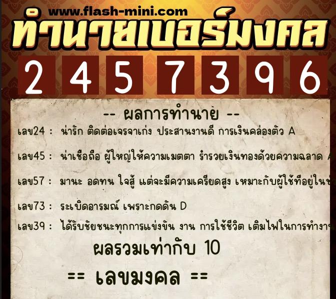 ทำนายเบอร์มงคล 0XX-2457396  ทำนายเบอร์มงคล หมายเลข 088-245739 