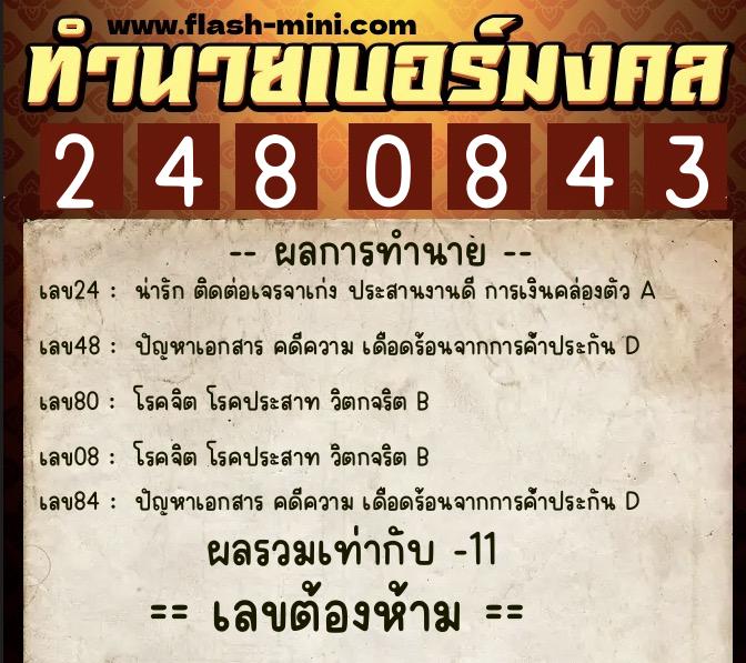 ทำนายเบอร์มงคล 0XX-2480843  ทำนายเบอร์มงคล หมายเลข 061-248084 
