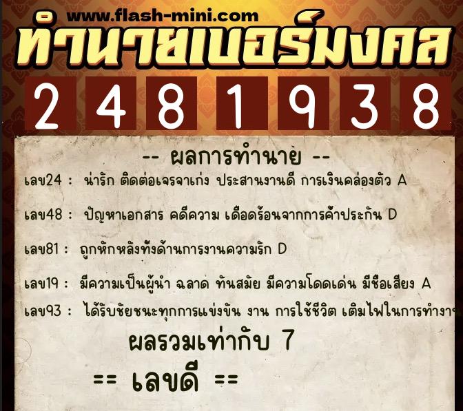 ทำนายเบอร์มงคล 0XX-2481938  ทำนายเบอร์มงคล หมายเลข 082-248193 
