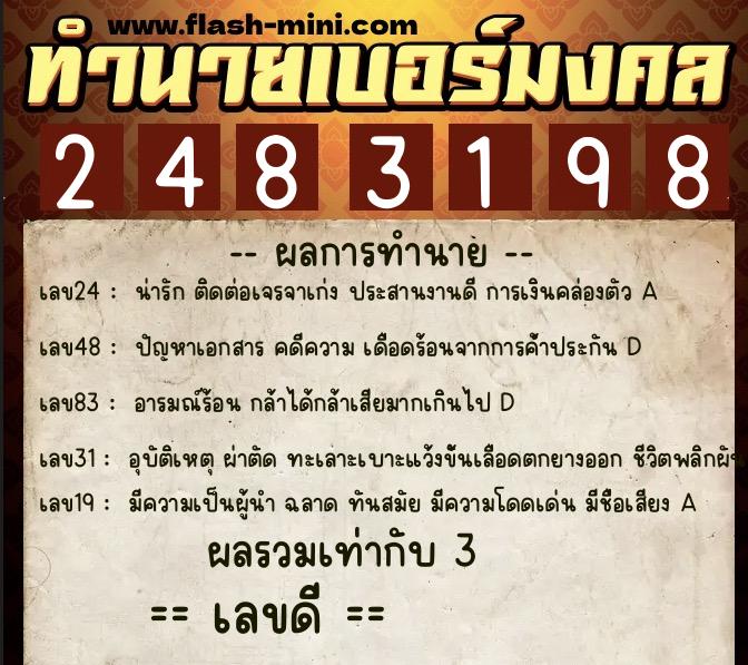 ทำนายเบอร์มงคล 0XX-2483198  ทำนายเบอร์มงคล หมายเลข 088-248319 