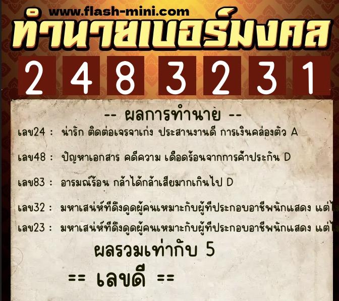 ทำนายเบอร์มงคล 0XX-2483231  ทำนายเบอร์มงคล หมายเลข 061-248323 