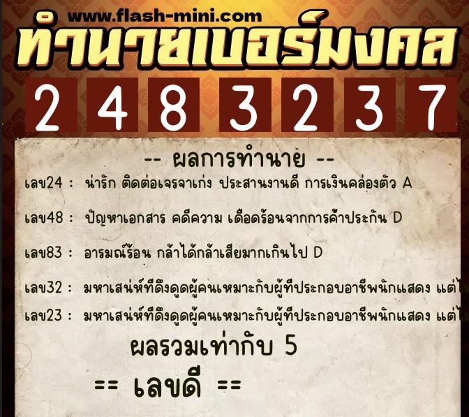 ทำนายเบอร์มงคล 0XX-2483237  ทำนายเบอร์มงคล หมายเลข 085-248323 