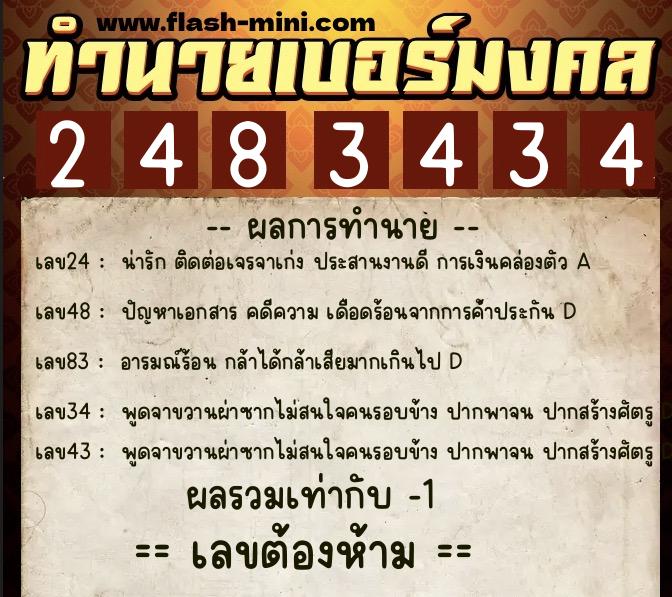 ทำนายเบอร์มงคล 0XX-2483434  ทำนายเบอร์มงคล หมายเลข 089-248343 
