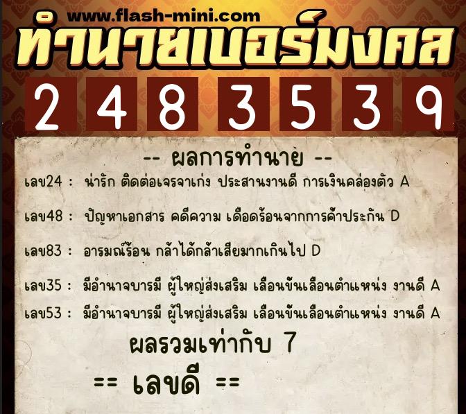 ทำนายเบอร์มงคล 0XX-2483539  ทำนายเบอร์มงคล หมายเลข 085-248353 