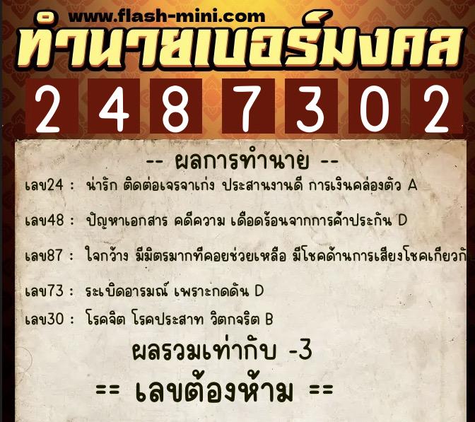 ทำนายเบอร์มงคล 0XX-2487302  ทำนายเบอร์มงคล หมายเลข 085-248730 