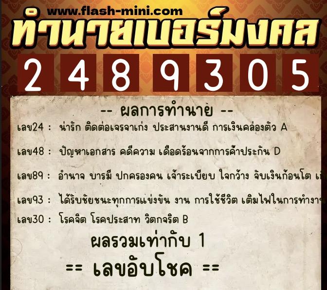 ทำนายเบอร์มงคล 0XX-2489305  ทำนายเบอร์มงคล หมายเลข 066-248930 