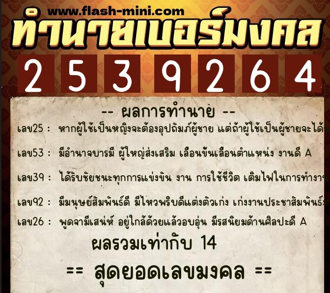 ทำนายเบอร์มงคล 0XX-2539264  ทำนายเบอร์มงคล หมายเลข 097-253926 