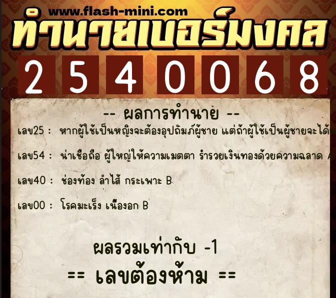ทำนายเบอร์มงคล 0XX-2540068  ทำนายเบอร์มงคล หมายเลข 090-254006 