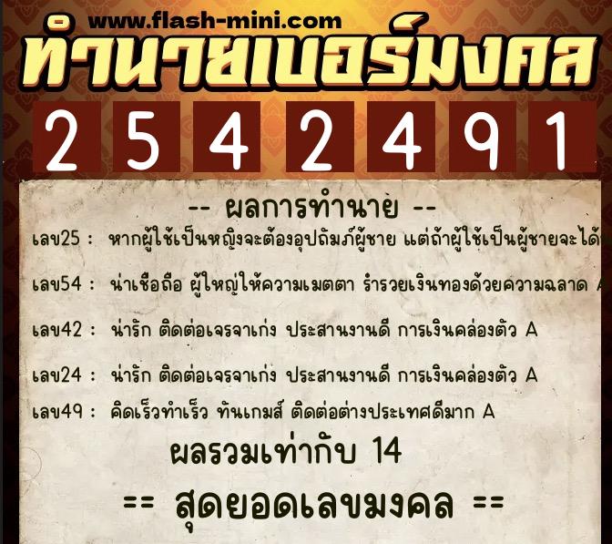ทำนายเบอร์มงคล 0XX-2542491  ทำนายเบอร์มงคล หมายเลข 090-254249 