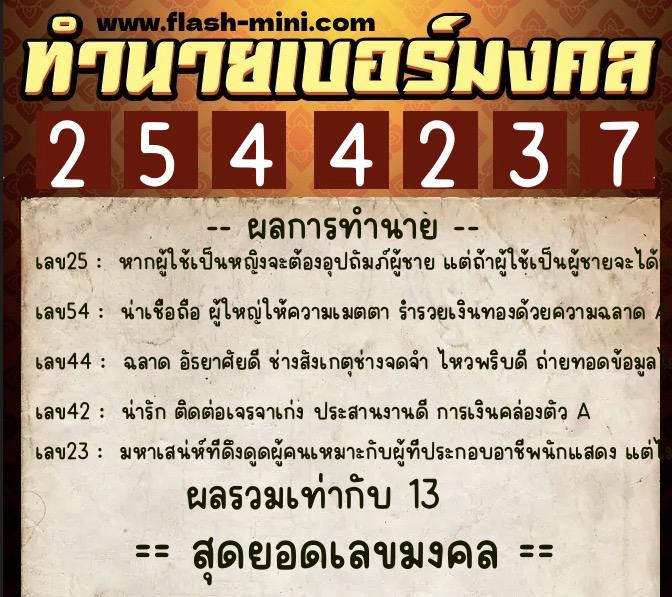 ทำนายเบอร์มงคล 0XX-2544237  ทำนายเบอร์มงคล หมายเลข 082-254423 