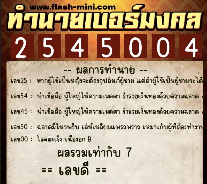 ทำนายเบอร์มงคล 0XX-2545004  ทำนายเบอร์มงคล หมายเลข 060-254500 
