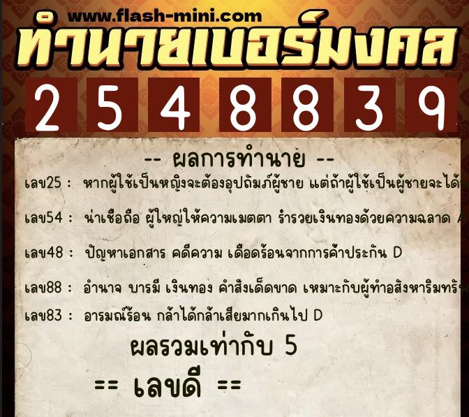 ทำนายเบอร์มงคล 0XX-2548839  ทำนายเบอร์มงคล หมายเลข 061-254883 