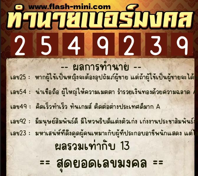ทำนายเบอร์มงคล 0XX-2549239  ทำนายเบอร์มงคล หมายเลข 080-254923 