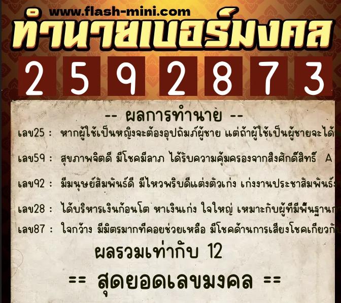 ทำนายเบอร์มงคล 0XX-2592873  ทำนายเบอร์มงคล หมายเลข 080-259287 