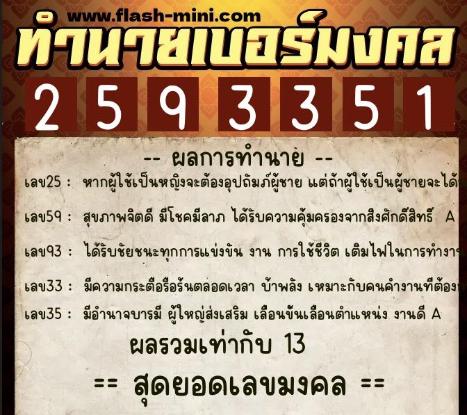 ทำนายเบอร์มงคล 0XX-2593351  ทำนายเบอร์มงคล หมายเลข 098-259335 