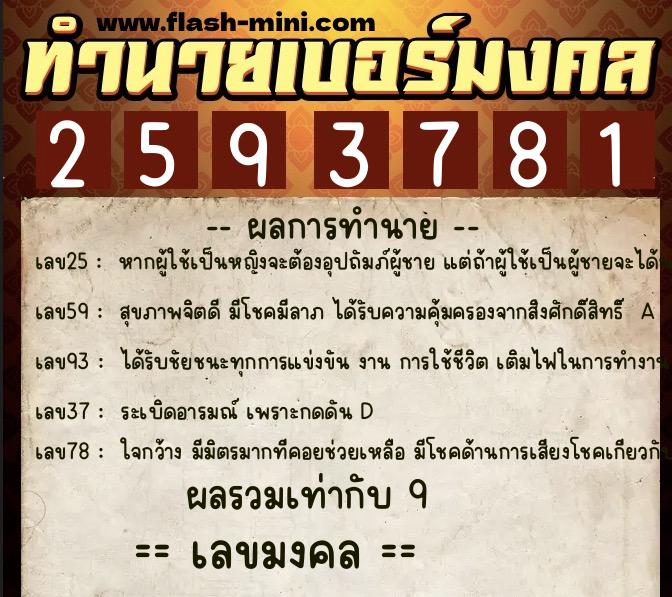 ทำนายเบอร์มงคล 0XX-2593781  ทำนายเบอร์มงคล หมายเลข 086-259378 