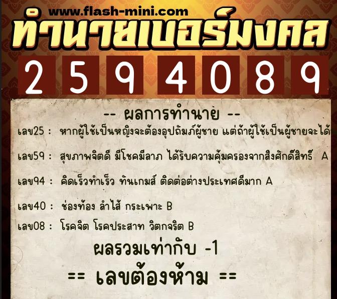 ทำนายเบอร์มงคล 0XX-2594089  ทำนายเบอร์มงคล หมายเลข 068-259408 