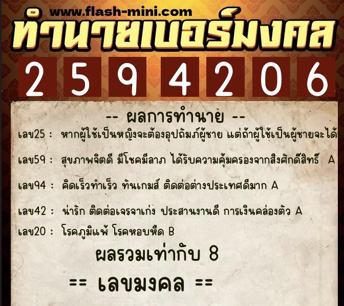ทำนายเบอร์มงคล 0XX-2594206  ทำนายเบอร์มงคล หมายเลข 067-259420 