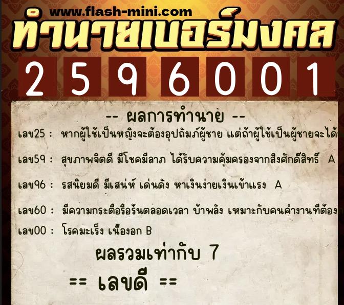 ทำนายเบอร์มงคล 0XX-2596001  ทำนายเบอร์มงคล หมายเลข 091-259600 