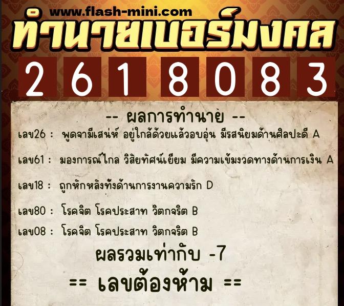 ทำนายเบอร์มงคล 0XX-2618083  ทำนายเบอร์มงคล หมายเลข 091-261808 