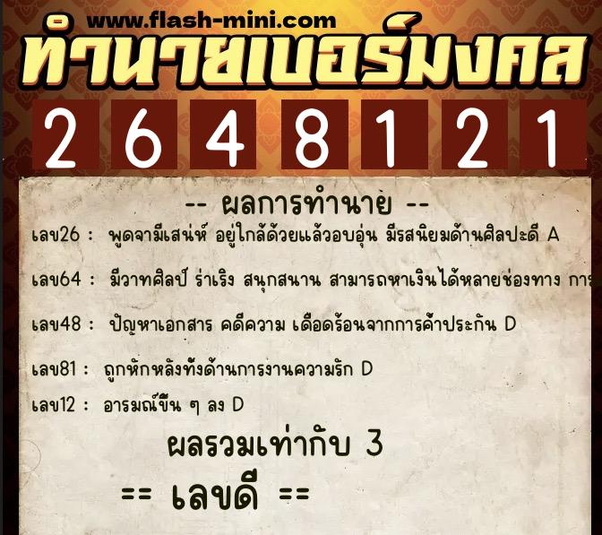 ทำนายเบอร์มงคล 0XX-2648121  ทำนายเบอร์มงคล หมายเลข 095-264812 