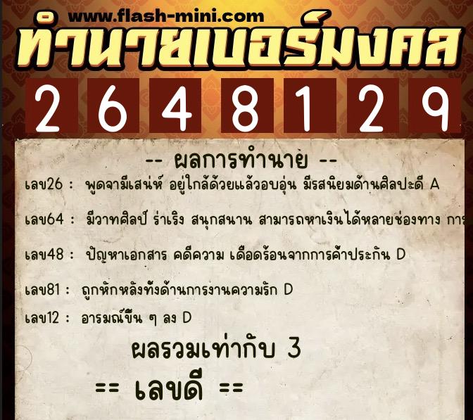 ทำนายเบอร์มงคล 0XX-2648129  ทำนายเบอร์มงคล หมายเลข 099-264812 