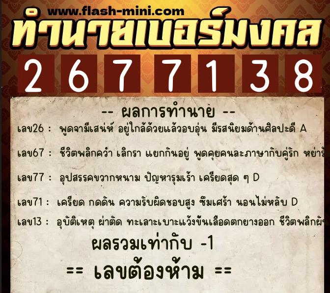 ทำนายเบอร์มงคล 0XX-2677138 ทำนายเบอร์มงคล หมายเลข 067-267713 ทำนายเบอร์มงคล 0XX-2677138 ทำนายเบอร์มงคล หมายเลข 067-267713