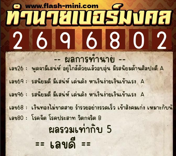 ทำนายเบอร์มงคล 0XX-2696802  ทำนายเบอร์มงคล หมายเลข 068-269680 