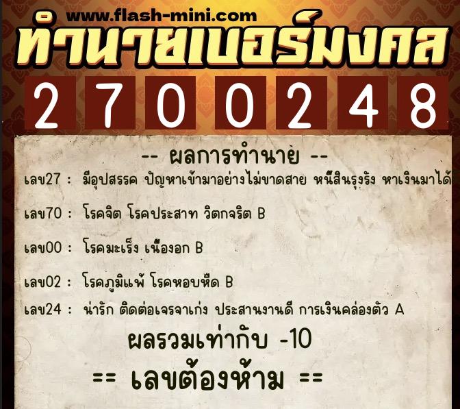 ทำนายเบอร์มงคล 0XX-2700248  ทำนายเบอร์มงคล หมายเลข 064-270024 