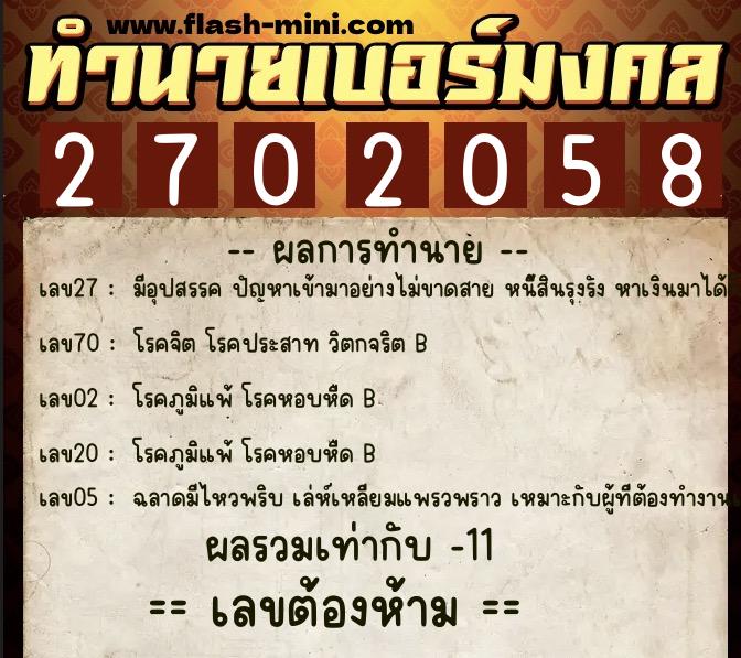 ทำนายเบอร์มงคล 0XX-2702058 ทำนายเบอร์มงคล หมายเลข 065-270205 ทำนายเบอร์มงคล 0XX-2702058 ทำนายเบอร์มงคล หมายเลข 065-270205