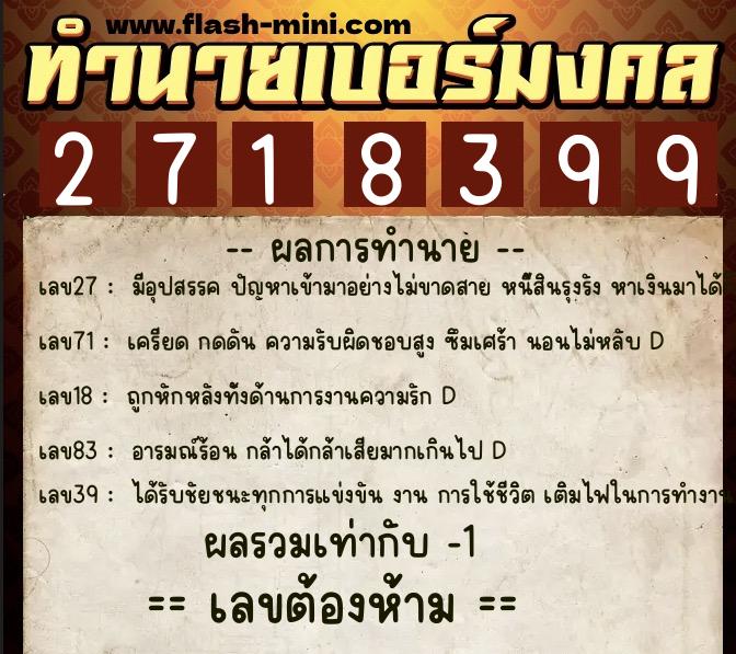 ทำนายเบอร์มงคล 0XX-2718399  ทำนายเบอร์มงคล หมายเลข 099-271839 