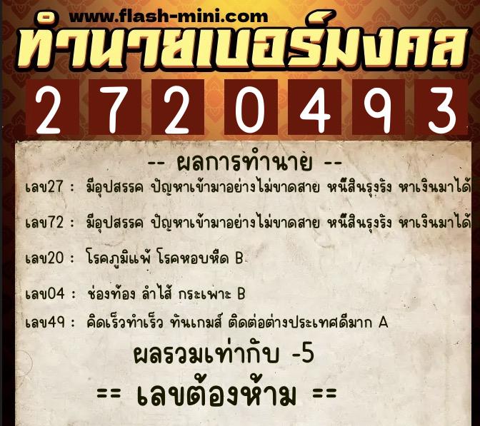 ทำนายเบอร์มงคล 0XX-2720493  ทำนายเบอร์มงคล หมายเลข 083-272049 