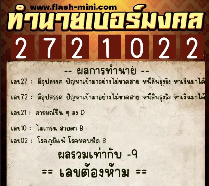 ทำนายเบอร์มงคล 0XX-2721022  ทำนายเบอร์มงคล หมายเลข 099-272102 
