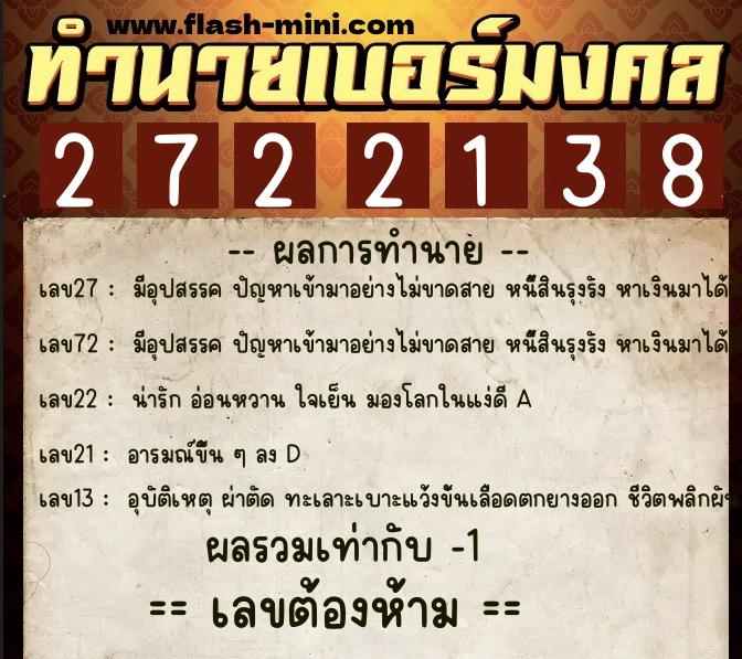 ทำนายเบอร์มงคล 0XX-2722138  ทำนายเบอร์มงคล หมายเลข 068-272213 