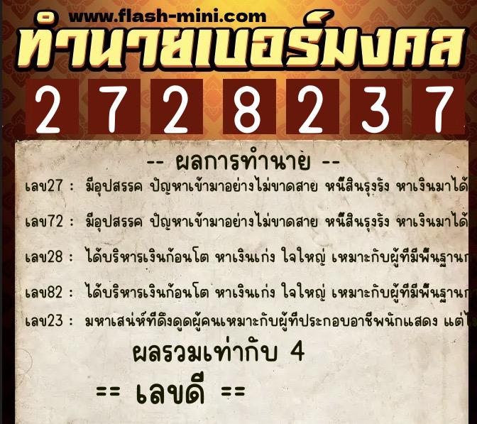 ทำนายเบอร์มงคล 0XX-2728237  ทำนายเบอร์มงคล หมายเลข 083-272823 