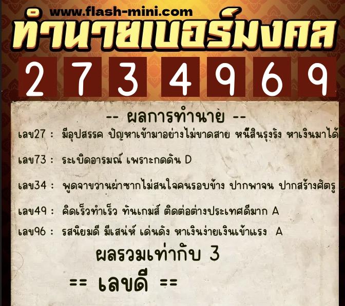 ทำนายเบอร์มงคล 0XX-2734969  ทำนายเบอร์มงคล หมายเลข 097-273496 