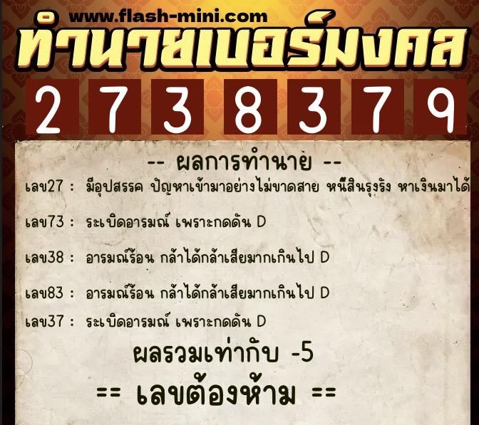 ทำนายเบอร์มงคล 0XX-2738379  ทำนายเบอร์มงคล หมายเลข 088-273837 