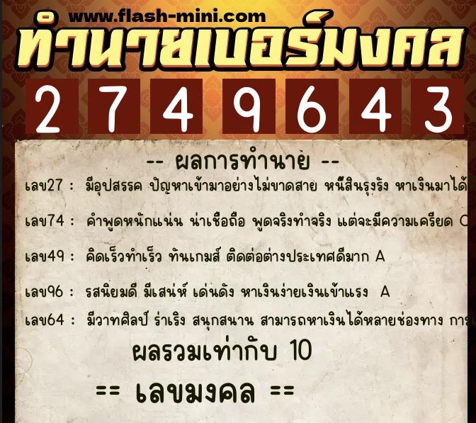 ทำนายเบอร์มงคล 0XX-2749643  ทำนายเบอร์มงคล หมายเลข 098-274964 