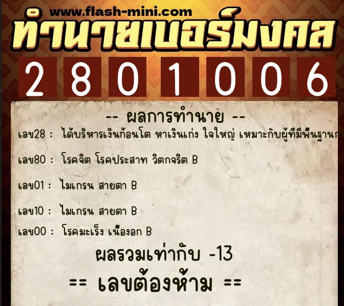 ทำนายเบอร์มงคล 0XX-2801006  ทำนายเบอร์มงคล หมายเลข 094-280100 