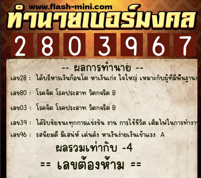 ทำนายเบอร์มงคล 0XX-2803967  ทำนายเบอร์มงคล หมายเลข 094-280396 