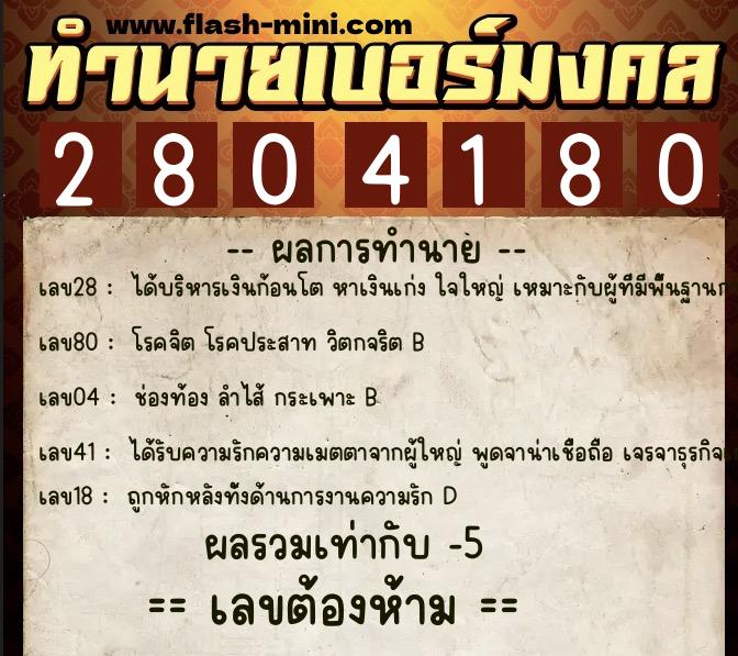 ทำนายเบอร์มงคล 0XX-2804180  ทำนายเบอร์มงคล หมายเลข 093-280418 