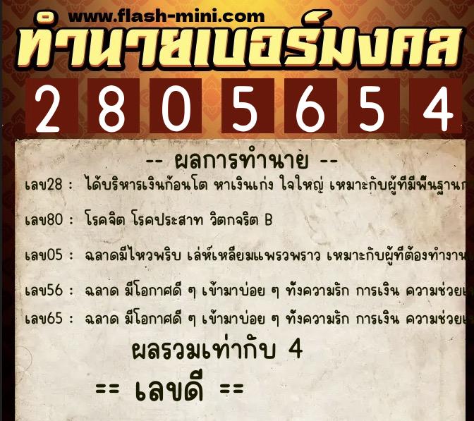 ทำนายเบอร์มงคล 0XX-2805654  ทำนายเบอร์มงคล หมายเลข 095-280565 